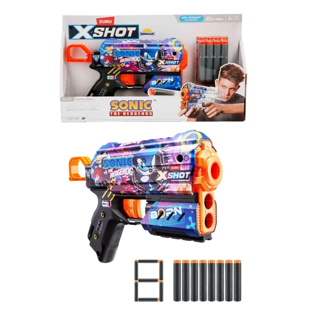 X - Shot Skins Flux Sonic The Hedgehog Super Speed 27 Metre Menzilli, 8 Sünger Dartlı, Sonic Lisanslı ve 21 cm Uzunluğunda Aksiyon Silahı - Roket Oyuncak